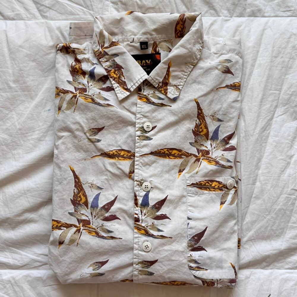 bay creek Vintage ivory‎ hawaiian button up shirt tropical print cotton sz XL